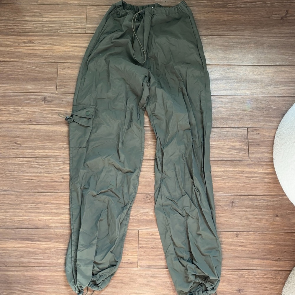 Beginning Boutique Green Wide Leg Pants Khaki Drawcord Cargo Pants - Picture 8 of 15